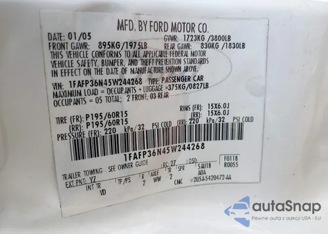 2005 Ford Focus Zxw z USA, uszkodzony, nr VIN 1FAFP36N45W244268